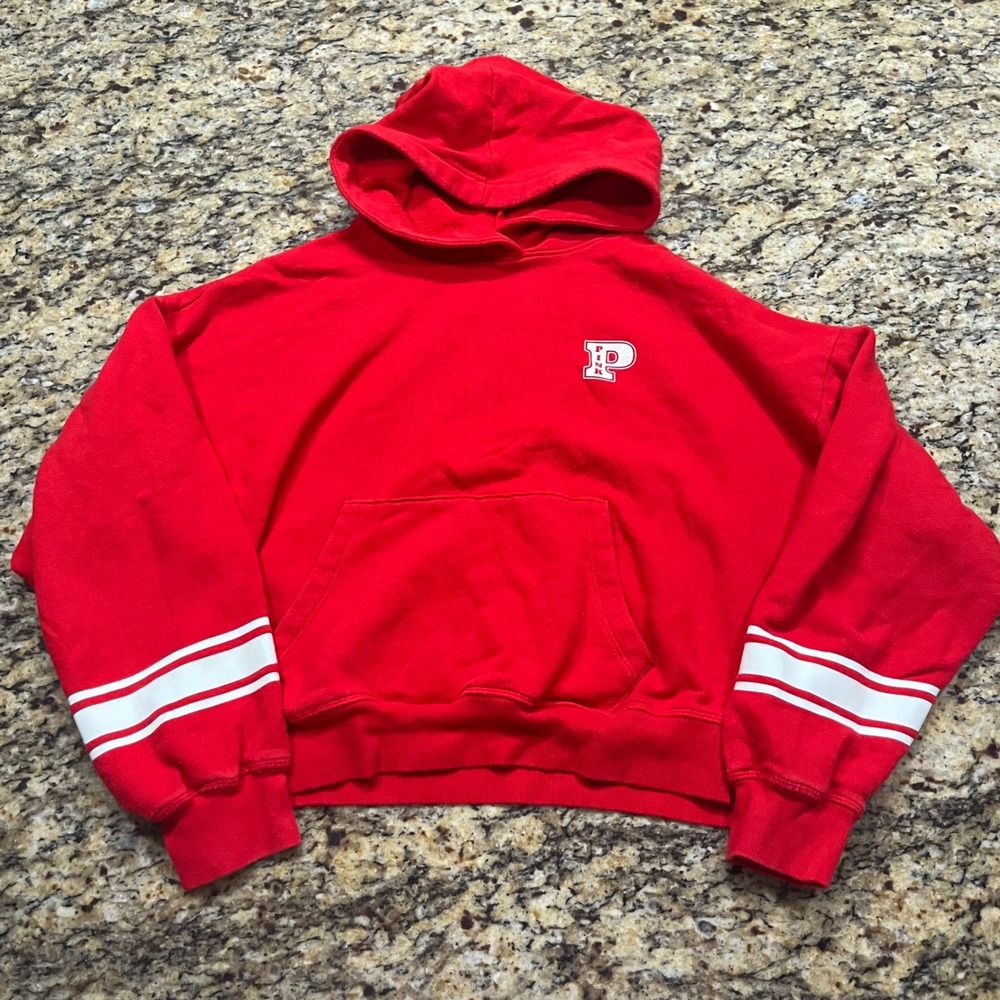 Victoria's Secret PINK Red Cropped Hoodie Sweatshirt Varsity Stripe Small